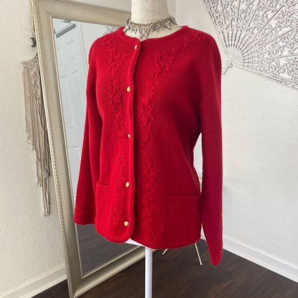Chunky Vintage Bright Red Flower Floral Embroidered Knit Button Up Cardigan M - Picture 3 of 8